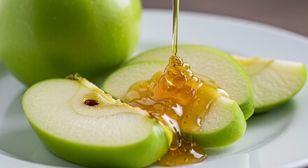 Green apple slices with honey drizzle on white plate