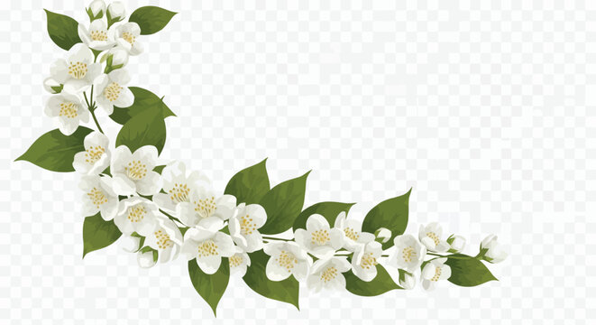 Vector illustration of delicate white jasmine flowers with green leaves forming a decorative corner arrangement, on a transparent background