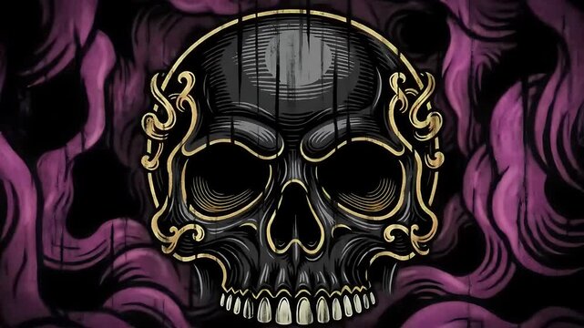 A black skull with golden accents emerging from a cloud of vibrant purple smoke, rendered in a detailed woodcut engraving style against a dark background