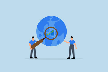 World economic analysis, entrepreneur using magnifying glass on globe alongside chart and graph