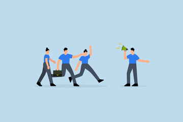 Fototapeta premium Business guide to move to the right success direction, Entrepreneur with loudspeaker instructs colleagues to proceed correctly