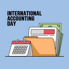 Vector art of international accounting day depicted with a calendar, folder, and currency, representing organized financial records and monetary management