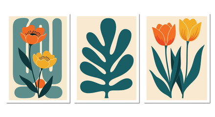 Fototapeta premium Vector illustration of abstract midcentury modern art prints featuring stylized tulips and a monstera leaf in muted orange, yellow, and teal colors