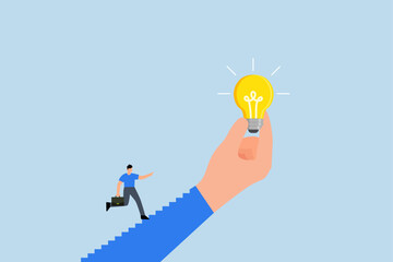 Inspiration idea to inspire, entrepreneur ascends staircase of large hand grasping motivating shining lightbulb