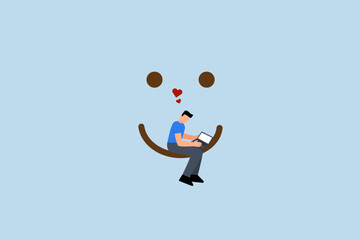 Work happiness, Joyful entrepreneur using a laptop with a smiling expression and a charming heart symbolizing happiness and delight