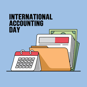 Vector art of international accounting day depicted with a calendar, folder, and currency, representing organized financial records and monetary management