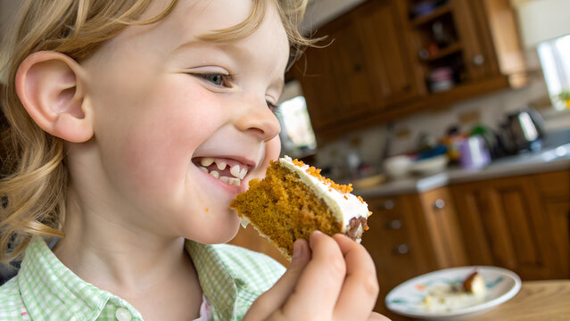 Close-up of a child eating a carrot cake slice, crumbs on their cheeks, smiling brightly, with soft natural light illuminating their face against a cozy kitchen background.