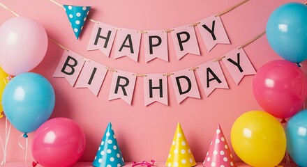 Happy Birthday Banner with Balloons and Party Hats