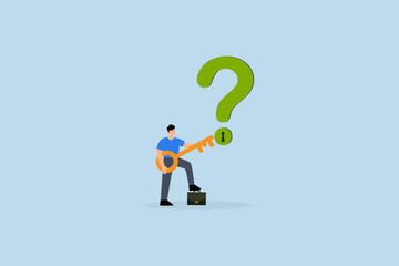Key to unlock answer for problem and questions, intelligent entrepreneur grasping golden key to open keyhole on question mark symbol