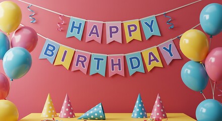 Happy Birthday Banner with Balloons and Party Hats