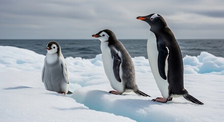Fototapeta premium A family of Gentoo penguins, an adult with two fluffy chicks, standing together on a floating iceberg in the cold Antarctic wilderness
