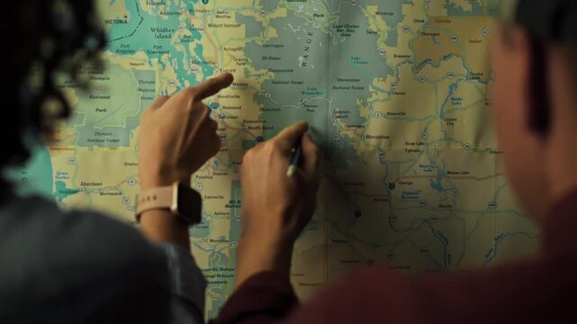 Two people examine a large map, discussing potential travel routes and destinations. The setting appears to be indoors with a focus on outdoor adventure planning in the Seattle region
