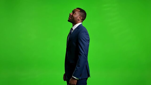 Green Screen fascinated and impressed business man looking up around turning shopping sales full length on chroma key background scene 3 with distortion, overlay, glitch, static noise, scan lines