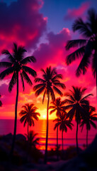 Fototapeta premium Silhouette palm trees against fiery magenta and orange sunset over tranquil ocean horizon, tropical evening ambiance.