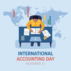 Vector art of accountant working at desk with laptop, papers, and charts, celebrating international accounting day