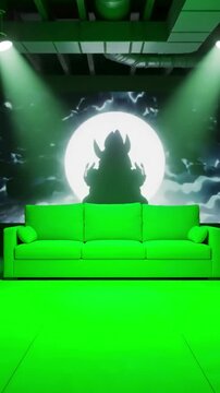 Green Screen basement living room interior with stream overlay loop animation virtual backgrounds live wallpapers streamer vtuber obs twitch asset zoom anime chill hip hop video scene 3 distortion