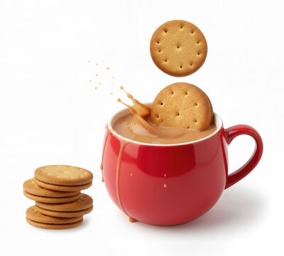 Biscuit splashing into tea in red cup, creative food moment.