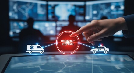 Emergency response concept with ambulance, police car, and a person's hand touching a glowing button.