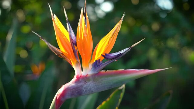Bird of Paradise blooms in a botanical garden against bokeh, for greeting cards or plant guides