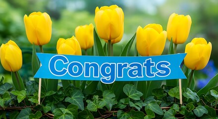 Yellow Tulips with a Blue "Congrats" Banner 26a2q2