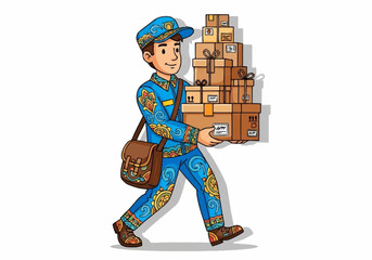 Postman Carrying Stack of Parcels.