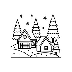 Winter scene with houses trees on transparent background