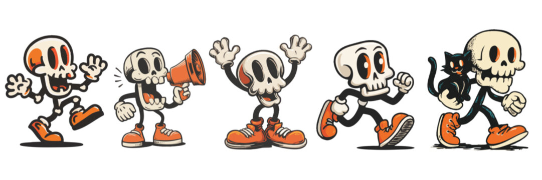 vintage retro style halloween skeleton cartoon mascot character with expressive faces and gestures