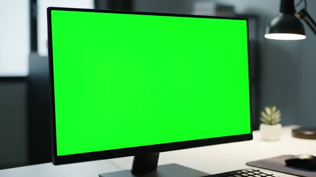 Digital Canvas with close up of woman having videocall conference on personal computer mock green screen chroma key sitting at home office space business female working teammates using isolated pc