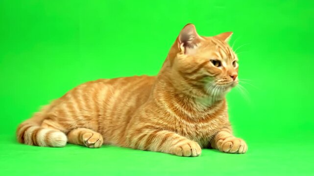 Marketing & Advertising with ginger cat lying and looked around on a green screen distortion, overlay, glitch, static noise, scan lines black background, 4k animated video loop