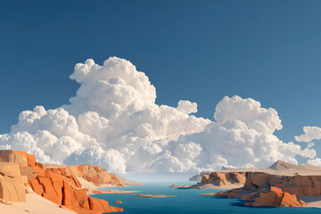 Big Clouds Over Red Rock Water Canyon valley, cliffs, minimalist soft illustration