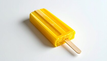 A vibrant yellow popsicle with two stick-shaped ridges, sitting on a white surface