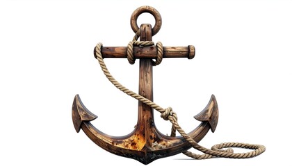 A weathered wooden anchor with rope draped across it, isolated against a white background