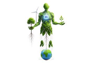 Eco-Friendly Future Envisioned with Leaf-Clad Figure, Wind Turbine, Solar Panel, and Earth Globe, Symbolizing Sustainable Green Energy and Environmental Harmony