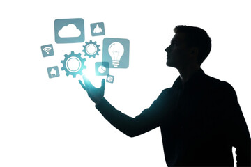 Visionary leader reaching for innovative technology solutions, connecting with cloud computing, and sparking ideas for business growth and digital transformation