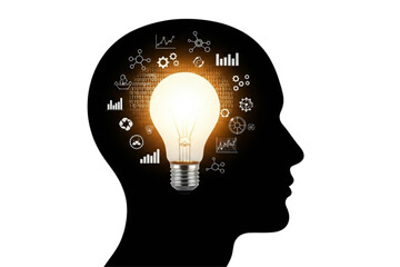 Innovative mind generating brilliant ideas with a glowing lightbulb and data icons inside head silhouette, representing creative thought process