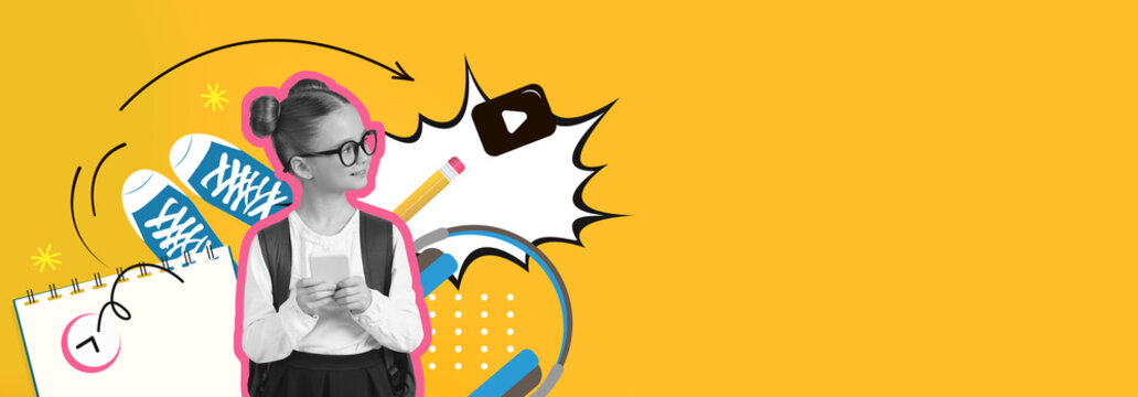 This colorful composition features a young girl holding a smartphone surrounded by school items and digital icons. The bright background enhances the playful atmosphere of learning and technology.