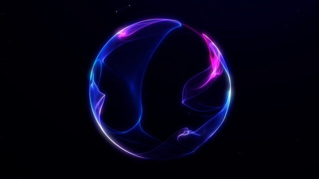 Futuristic glowing blue and purple energy sphere with smooth light waves on dark background. Abstract gradient plasma orb with sci fi fluid structure and elegant flow.