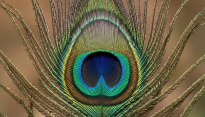 Obraz premium Macro closeup of peacock feather, vibrant green, blue, and gold detail. Abstract exotic bird plumage, texture, natural pattern, iridescent, colorful, beauty, soft focus, animal nature.