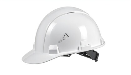 Fototapeta premium A white safety helmet, angled slightly to the left, with vents, chin strap, and a brim
