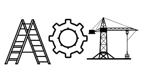 Vector art of ladder, gear and crane, construction and industry symbol illustration