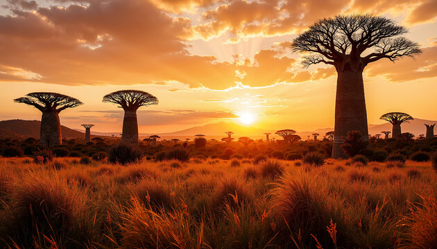 Giant Baobab trees silhouetted against a vibrant orange sunset sky in the Malagasy savannah with dry golden grass in the foreground