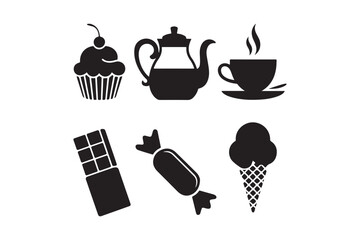 Black and white icons of sweet treats and hot beverages
