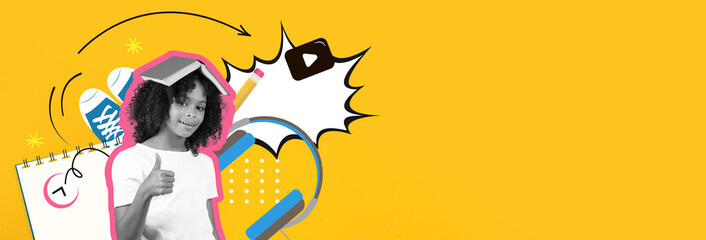 A colorful collage features a young girl giving a thumbs up, surrounded by school supplies and playful graphics. Bright yellow background enhances the joyful and educational theme.