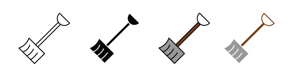 Snow shovel icon on a clean white background in EPS format, displayed in stroke outline, solid fill, flat color, and shaded color styles. Ideal for winter chores, snow removal, cold weather tools,