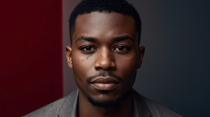 Obraz premium Front view portrait of a young black man with short hair and a goatee, looking intently at the viewer with a serious demeanor