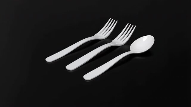 White plastic disposable cutlery set on black background