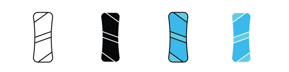 Snowboard icon on a clean white background in EPS format, designed in stroke outline, solid fill, flat color, and shaded color styles. Ideal for winter sports, skiing resorts, adventure themes,