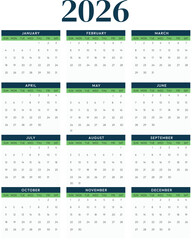 Minimalist Calander for New Year 2026, business planner concept design. Editable vector calander backdrop