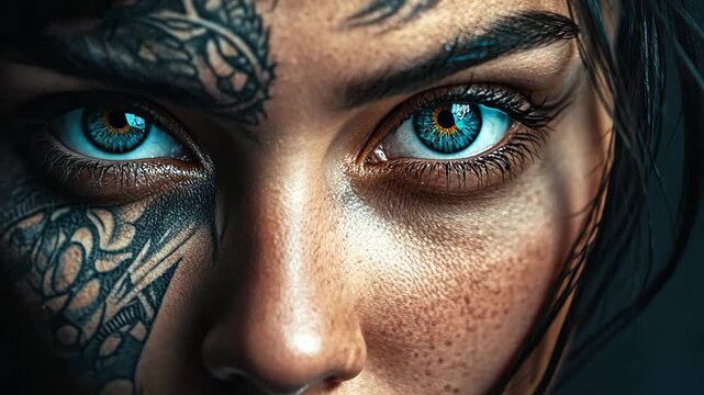 Intense blue eyes with intricate face tattoos in captivating closeup sequence