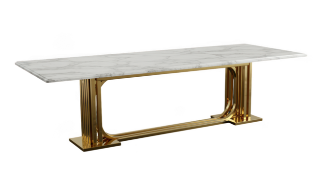 Elegant marble top console table with gold metal legs isolated on transparent background